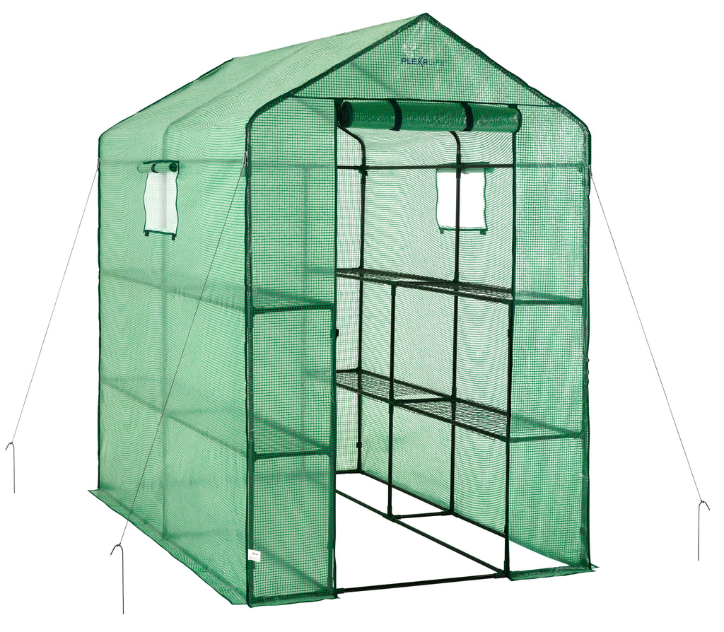 Plexalife Deluxe Walk-In Greenhouse with 2 Tiers and 8 Shelves - Green Cover