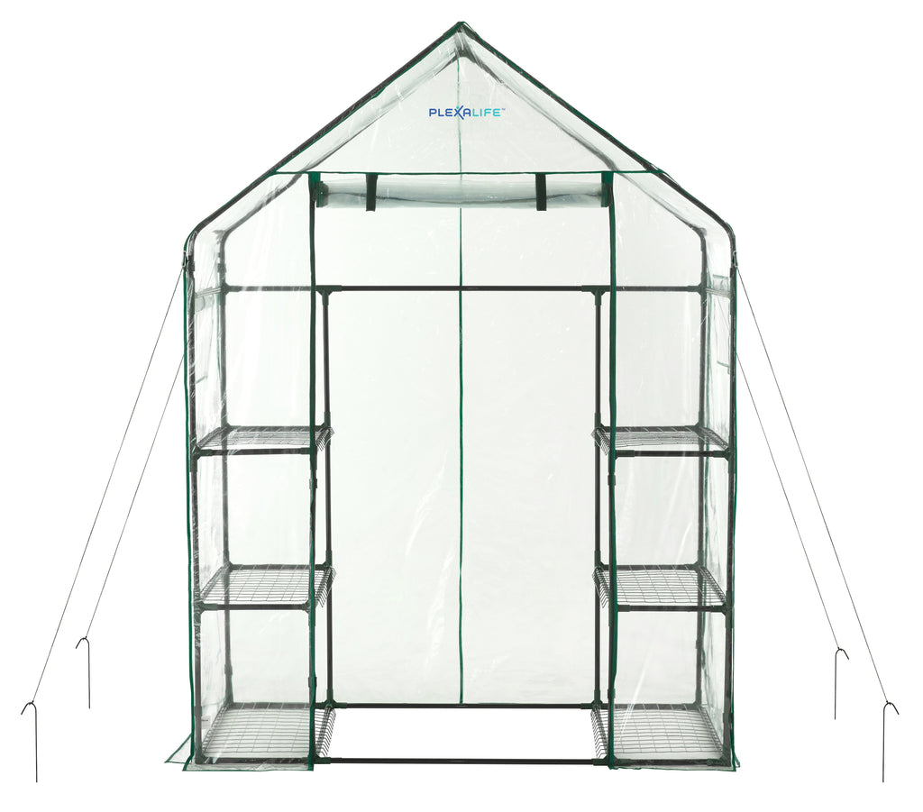 Plexalife Deluxe Walk-In Greenhouse with 3 Tiers and 6 Shelves -  Clear Cover