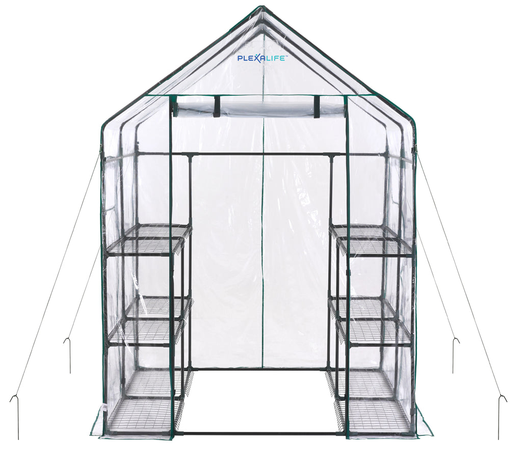 Plexalife Deluxe Walk-In Greenhouse with 3 Tiers and 12 Shelves -  Clear Cover
