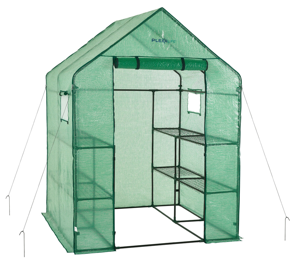 Plexalife Deluxe Walk-In Greenhouse with 2 Tiers and 8 Shelves - Green Cover