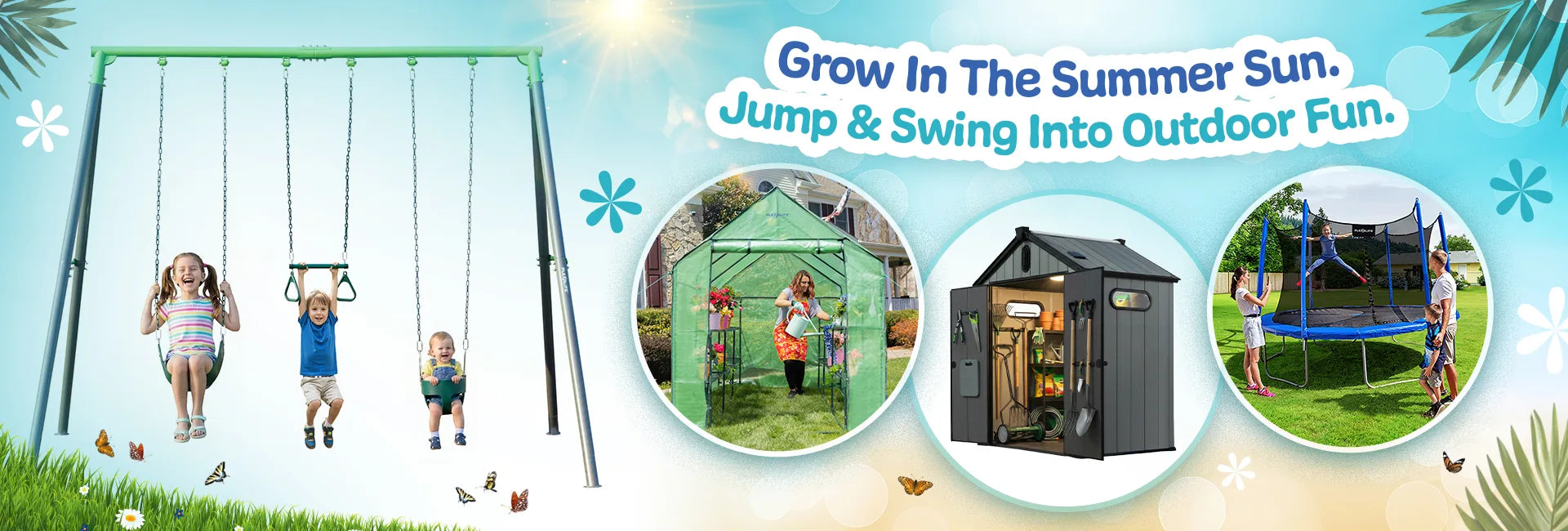 Pharo Deals products Grow in the summer sun. Jump and swing into outdoor fun. kids playing outdoor trampoline
